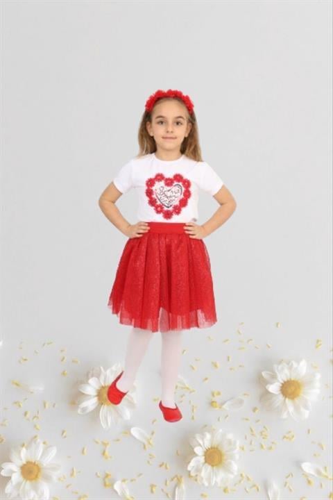 Kız Çocuk 23 Nisan Kıyafeti Kostüm Tütü Etek Kısa Kol Desenli Tshirt Takım 024