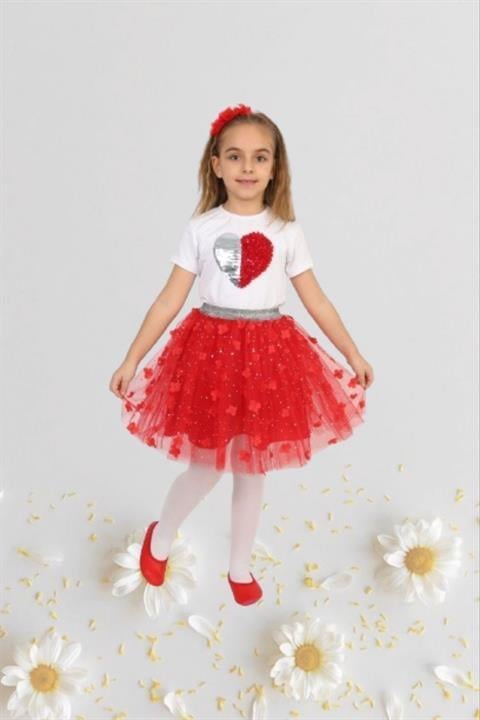 Kız Çocuk 23 Nisan Kıyafeti Kostüm Tütü Etek Kısa Kol Desenli Tshirt Takım 024