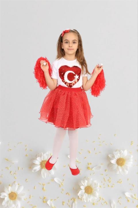 Kız Çocuk 23 Nisan Kıyafeti Kostüm Tütü Etek Kısa Kol Desenli Tshirt Takım 024
