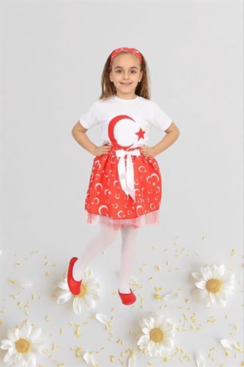 Kız Çocuk 23 Nisan Kıyafeti Kostüm Tütü Etek Kısa Kol Desenli Tshirt Takım 024