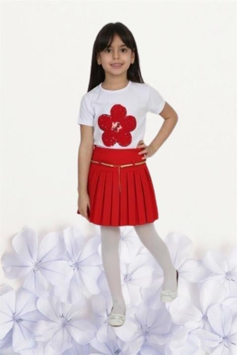 Kız Çocuk 23 Nisan Okul Gösteri Kıyafeti Doğum Günü Pileli Etek Tshirt Kırmızı Takım R24