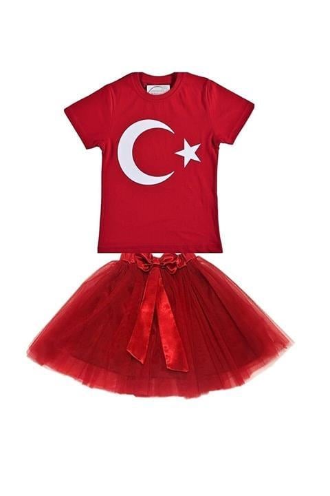 Kız Çocuk 23nisan 29ekim Gösteri Kostüm Doğumgünü Kıyafeti Ayyıldız Kısa Kol & Tütü Etek Takım