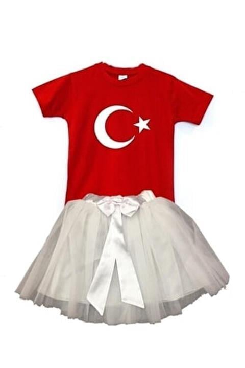 Kız Çocuk 23nisan 29ekim Gösteri Kostüm Kıyafeti Ayyıldız Kısa Kol & Etek