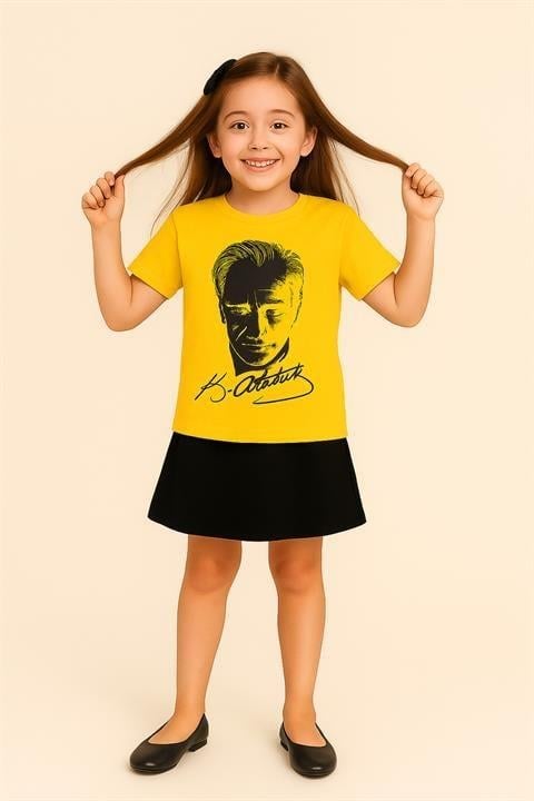 Kız Çocuk Atatürk Baskılı Kısa kol T-shirt&Etek 2li Kombin 29 Ekim Gösteri Kıyafeti