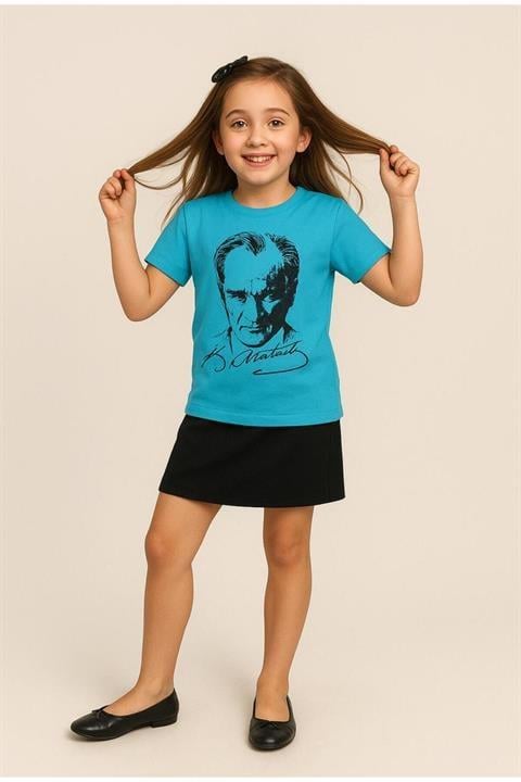 Kız Çocuk Atatürk Baskılı Kısa kol T-shirt&Etek 2li Kombin 29 Ekim Gösteri Kıyafeti