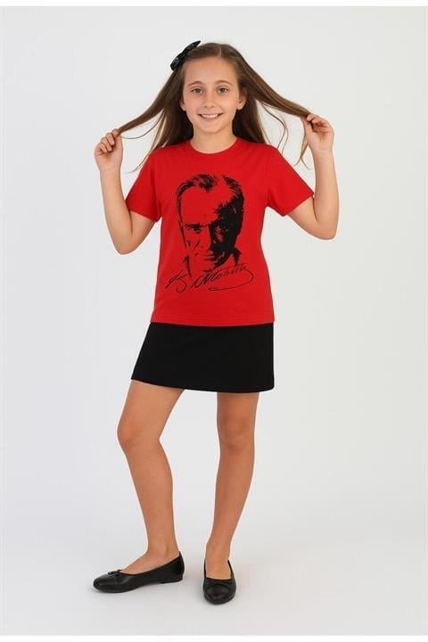 Kız Çocuk Atatürk Baskılı Kısa kol T-shirt&Etek 2li Kombin 29 Ekim Gösteri Kıyafeti