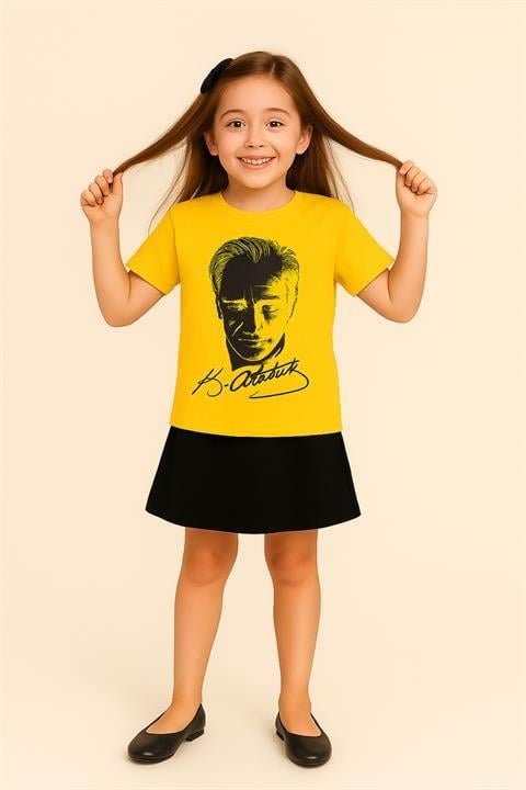 Kız Çocuk Atatürk Baskılı Kısa kol T-shirt&Etek 2li Kombin 29 Ekim Gösteri Kıyafeti