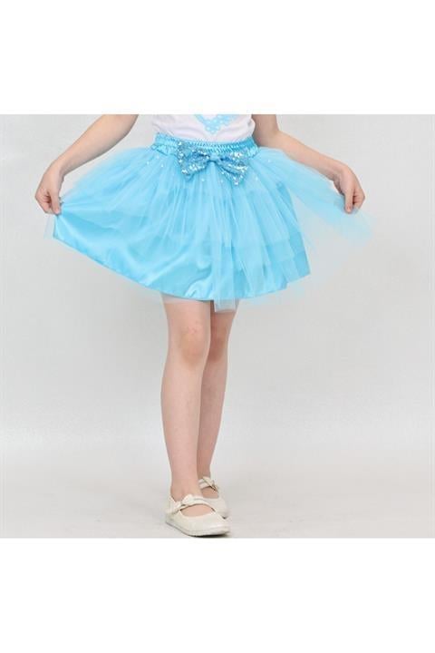 Kız Çocuk Beli lastikli inci Detaylı Fiyonklu Tül kloş Tütü Etek 23 nisan 29 ekim 10 kasım gösteri