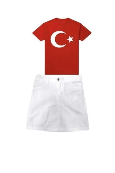 Kız çocuk kısa kol atatürk baskılı t-shirt keten etek takım  okul gösteri 23 nisan 29 ekim 10 kasım