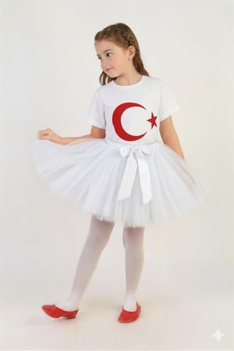Kız Çocuk Kısa Kol Türk Bayrak Baskılı T-shirt&Etek 2li Kombin 29 Ekim Gösteri Kıyafeti