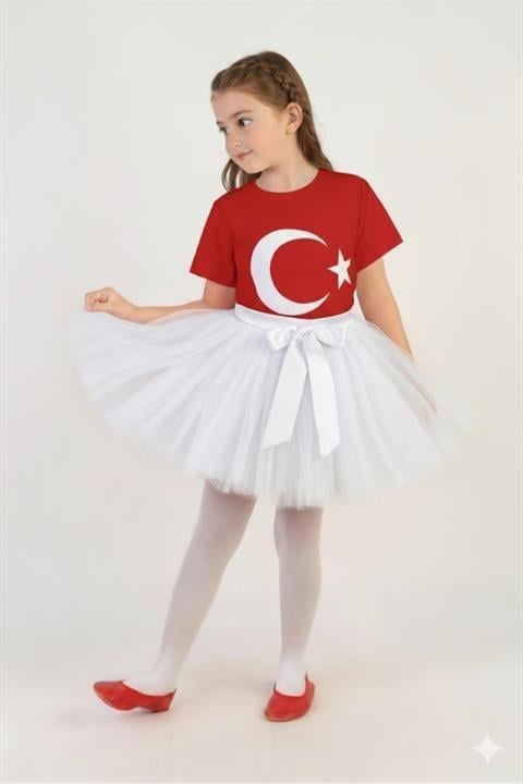 Kız Çocuk Kısa Kol Türk Bayrak Baskılı T-shirt&Etek 2li Kombin 29 Ekim Gösteri Kıyafeti