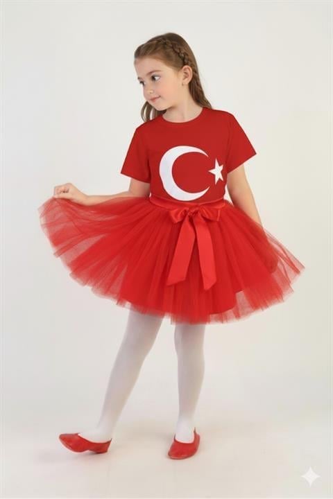 Kız Çocuk Kısa Kol Türk Bayrak Baskılı T-shirt&Etek 2li Kombin 29 Ekim Gösteri Kıyafeti