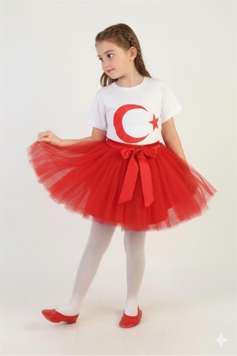 Kız Çocuk Kısa Kol Türk Bayrak Baskılı T-shirt&Etek 2li Kombin 29 Ekim Gösteri Kıyafeti