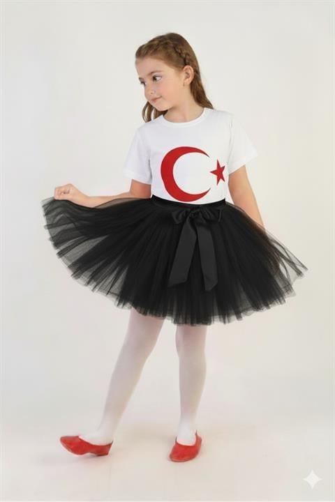 Kız Çocuk Kısa Kol Türk Bayrak Baskılı T-shirt&Etek 2li Kombin 29 Ekim Gösteri Kıyafeti
