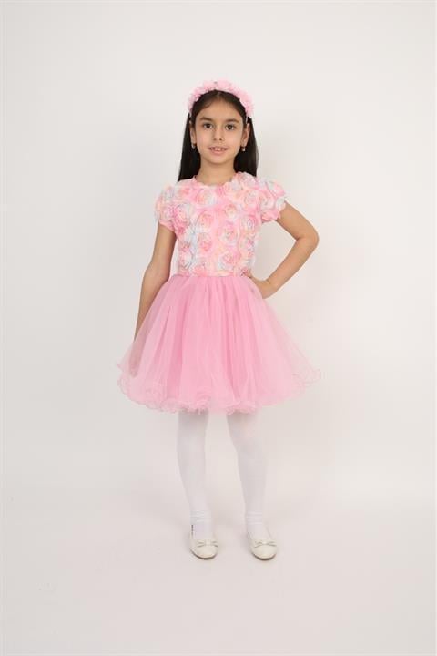 Kız Çocuk Pembe Çiçekli Elbise 23 Nisan Gösteri Kıyafeti