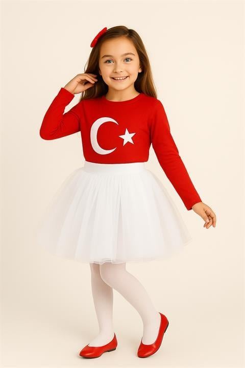 Kız Çocuk Türk Bayrağı Baskılı Uzun kol T-shirt&Tütü Etek 2li kombin 29 Ekim Gösteri Kıyafeti