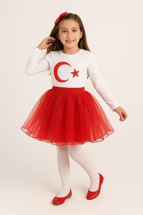 Kız Çocuk Türk Bayrağı Baskılı Uzun kol T-shirt&Tütü Etek 2li kombin 29 Ekim Gösteri Kıyafeti