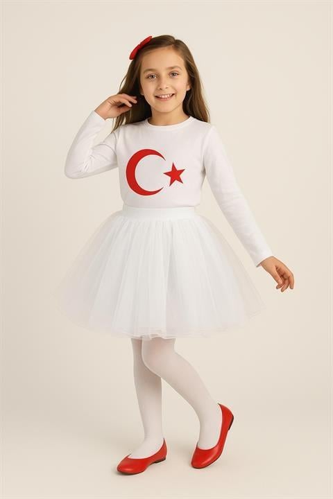 Kız Çocuk Türk Bayrağı Baskılı Uzun kol T-shirt&Tütü Etek 2li kombin 29 Ekim Gösteri Kıyafeti