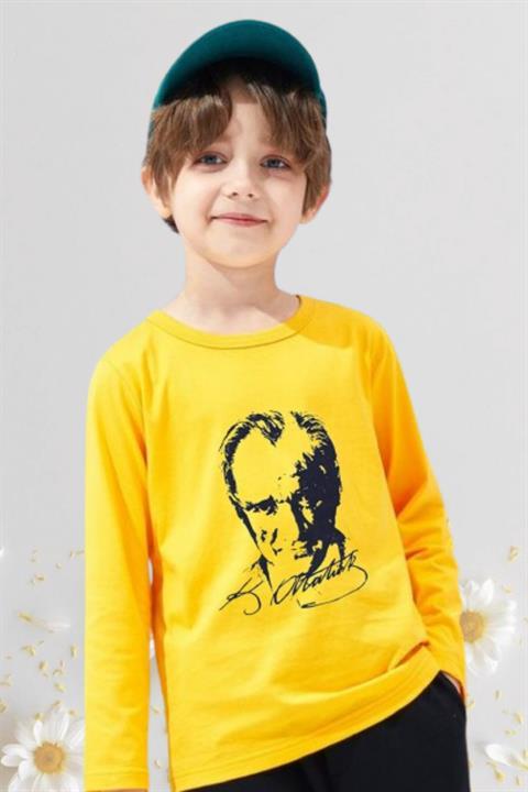 Kız Erkek Çocuk 23 Nisan Atatürk Baskılı Uzun Kol Gösteri Tshirt Yetişkin Unisex Sarı Tshirt 024