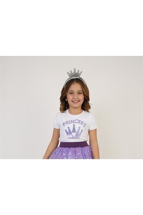 Prenses Lila Pul Baskılı Kız Çocuk T-shirt 23 Nisan 29 Ekim 10 Kasım 19 Mayıs Gösteri Kıyafetleri