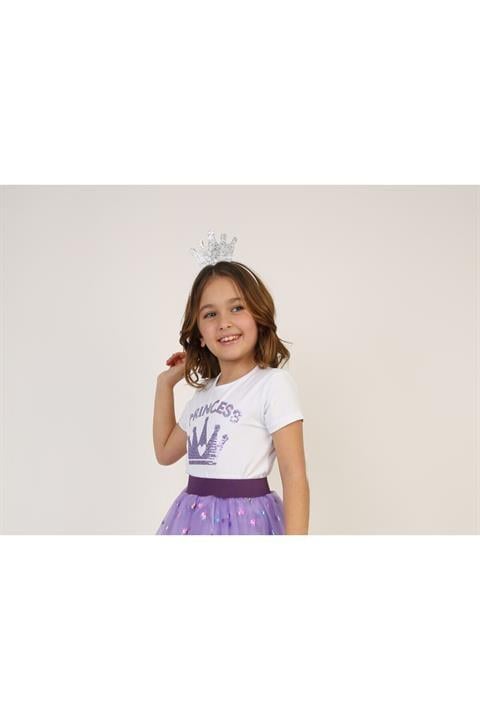 Prenses Lila Pul Baskılı Kız Çocuk T-shirt 23 Nisan 29 Ekim 10 Kasım 19 Mayıs Gösteri Kıyafetleri