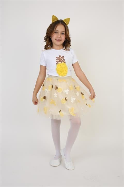 Sarı Meyve Desenli Etek Ananas T-shırt Kız Çocuk Alt-üst Takım 23 Nisan Gösteri Kıyafetleri
