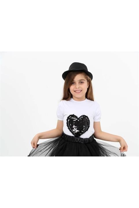 Siyah Kalpli Pullu Kız Çocuk T-shirt 23 Nisan 29 Ekim 10 Kasim 19 Mayis Gösteri Kiyafetleri
