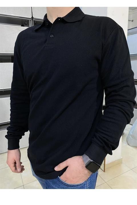 SİYAH POLO YAKA UZUN KOL T-SHİRT