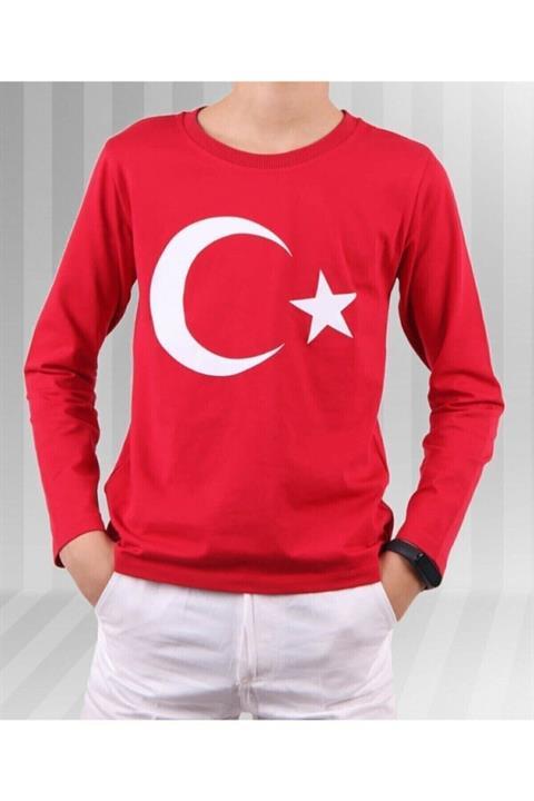 Unisex Çocuk Kırmızı Ay Yıldız Türk Bayraklı Uzun Kollu T-shirt