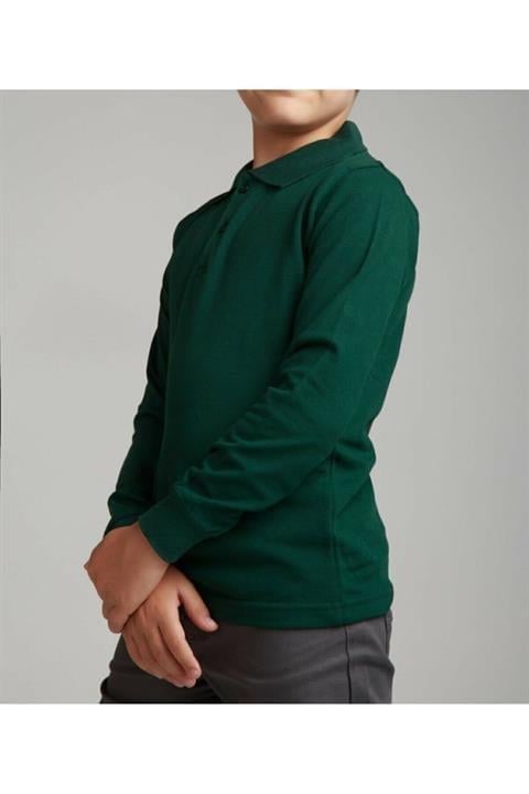 Unısex Cocuk Polo Yaka Uzun Kol Koyu Yeşil T-shırt