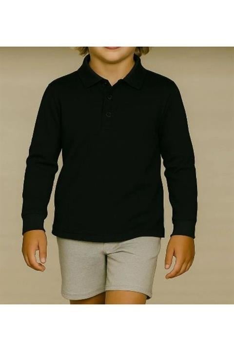 Unisex Çocuk Rahat Kalıp Uzun Kollu Polo Yaka Penye Lakost T-shirt