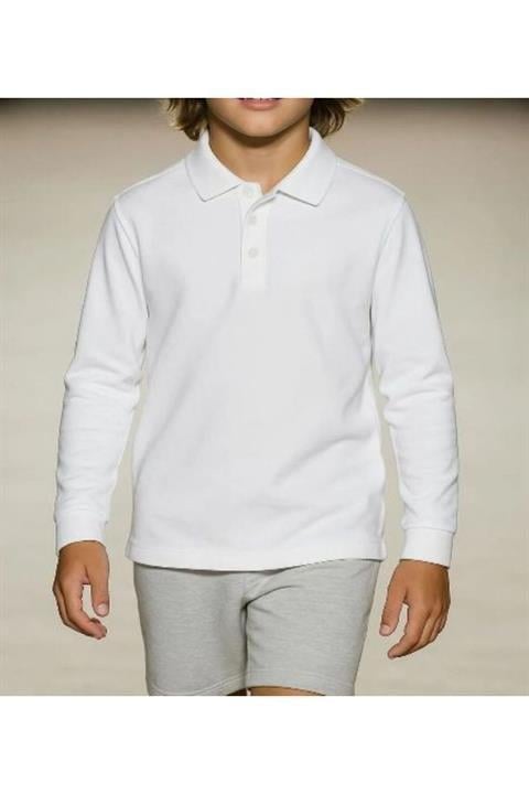 Unisex Çocuk Rahat Kalıp Uzun Kollu Polo Yaka Penye Lakost T-shirt