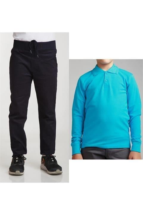 Unisex Çocuk Ribana Bel Keten Siyah Okul Pantolonu + Polo Yaka Uzun Kol T-shirt