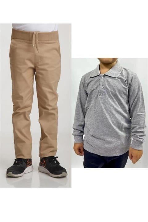 Unisex Çocuk Ribana Bel Keten Siyah Okul Pantolonu + Polo Yaka Uzun Kol T-shirt