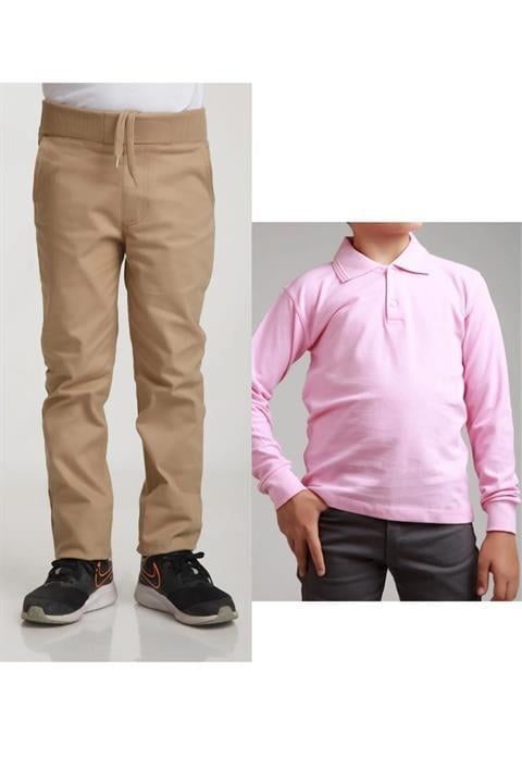 Unisex Çocuk Ribana Bel Keten Siyah Okul Pantolonu + Polo Yaka Uzun Kol T-shirt