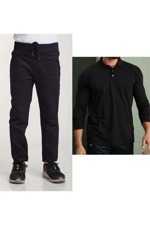 Unisex Çocuk Ribana Bel Keten Siyah Okul Pantolonu + Polo Yaka Uzun Kol T-shirt