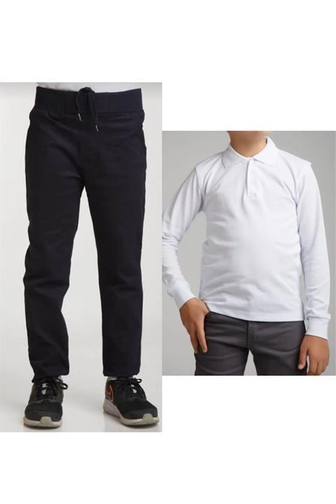 Unisex Çocuk Ribana Bel Keten Siyah Okul Pantolonu + Polo Yaka Uzun Kol T-shirt
