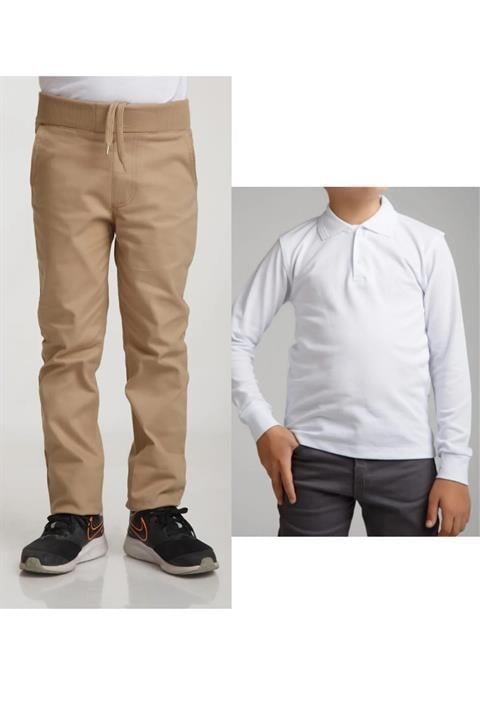 Unisex Çocuk Ribana Bel Keten Siyah Okul Pantolonu + Polo Yaka Uzun Kol T-shirt