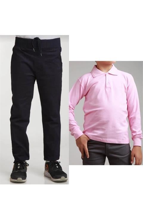 Unisex Çocuk Ribana Bel Keten Siyah Okul Pantolonu + Polo Yaka Uzun Kol T-shirt