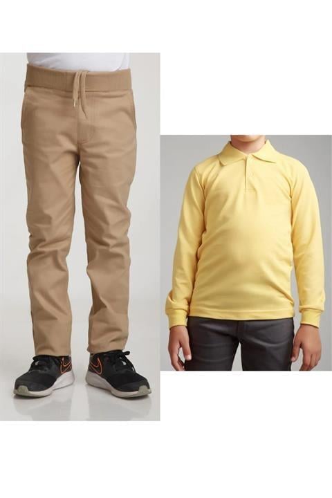 Unisex Çocuk Ribana Bel Keten Siyah Okul Pantolonu + Polo Yaka Uzun Kol T-shirt