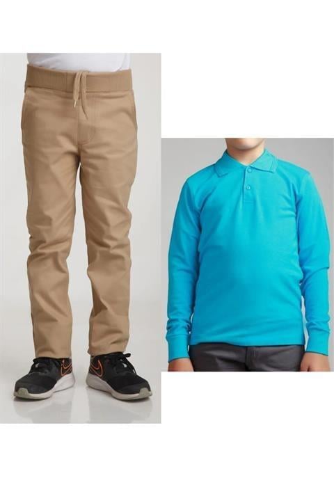 Unisex Çocuk Ribana Bel Keten Siyah Okul Pantolonu + Polo Yaka Uzun Kol T-shirt