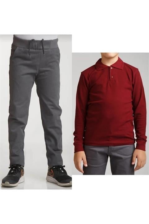 Unisex Çocuk Ribana Bel Keten Siyah Okul Pantolonu + Polo Yaka Uzun Kol T-shirt