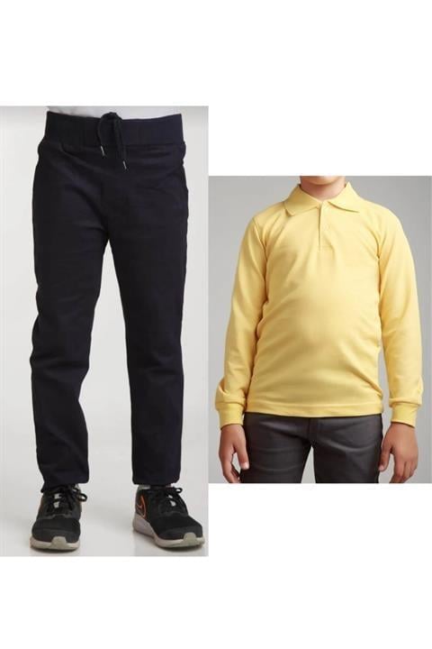 Unisex Çocuk Ribana Bel Keten Siyah Okul Pantolonu + Polo Yaka Uzun Kol T-shirt