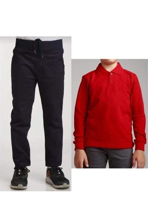 Unisex Çocuk Ribana Bel Keten Siyah Okul Pantolonu + Polo Yaka Uzun Kol T-shirt