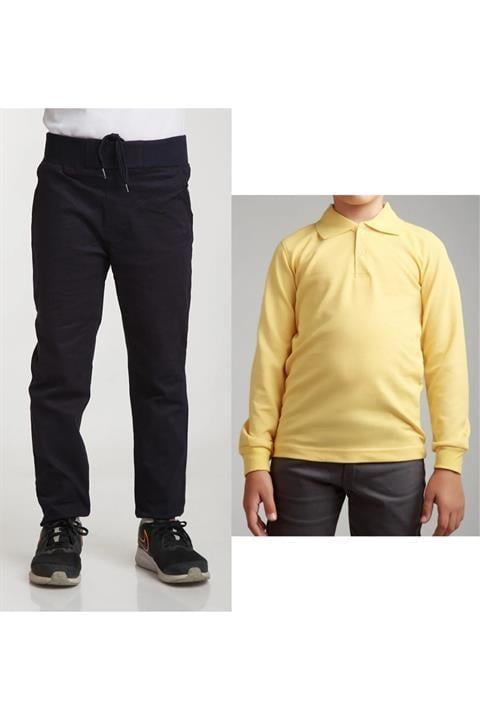 Unisex Çocuk Ribana Bel Keten Siyah Okul Pantolonu + Polo Yaka Uzun Kol T-shirt