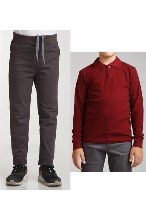Unisex Çocuk Ribana Bel Keten Siyah Okul Pantolonu + Polo Yaka Uzun Kol T-shirt