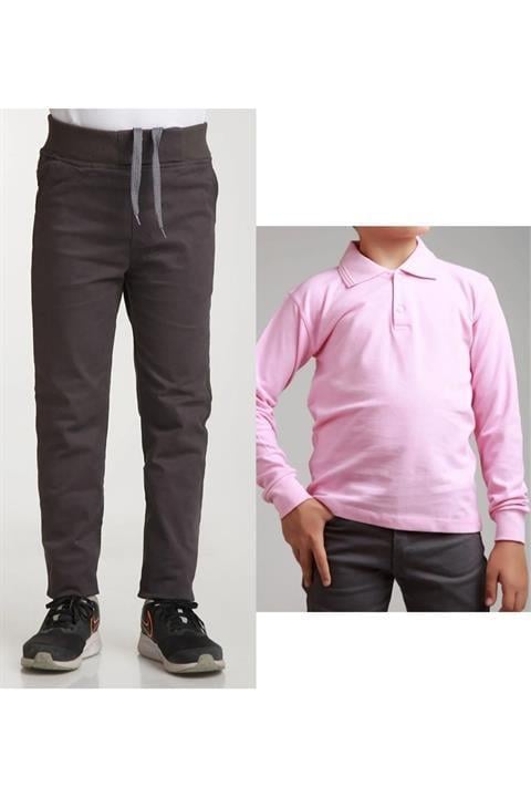 Unisex Çocuk Ribana Bel Keten Siyah Okul Pantolonu + Polo Yaka Uzun Kol T-shirt