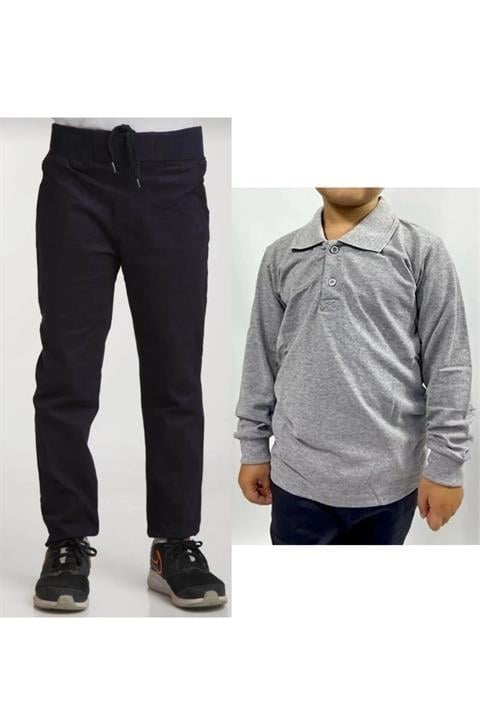 Unisex Çocuk Ribana Bel Keten Siyah Okul Pantolonu + Polo Yaka Uzun Kol T-shirt