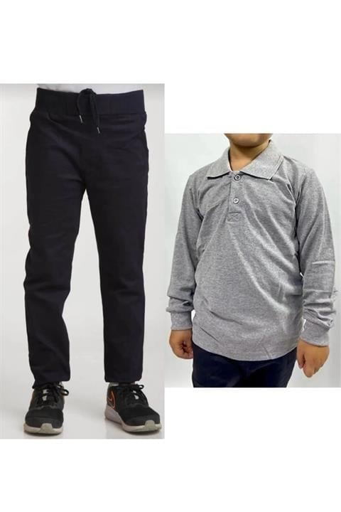 Unisex Çocuk Ribana Bel Keten Siyah Okul Pantolonu + Polo Yaka Uzun Kol T-shirt