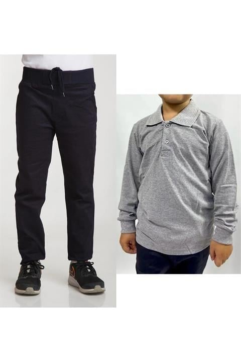 Unisex Çocuk Ribana Bel Keten Siyah Okul Pantolonu + Polo Yaka Uzun Kol T-shirt